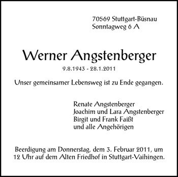 Traueranzeige von Werner Angstenberger von Stuttgarter Zeitung / Stuttgarter Nachrichten