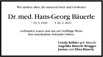 Traueranzeige von Hans-Georg Bäuerle von Stuttgarter Zeitung / Stuttgarter Nachrichten