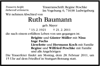 Traueranzeige von Ruth Baumann von Stuttgarter Zeitung / Stuttgarter Nachrichten