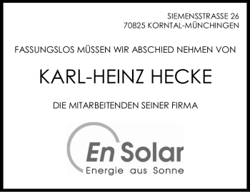 Traueranzeige von Karl-Heinz Hecke von Leonberger Kreiszeitung / Strohgäu Extra