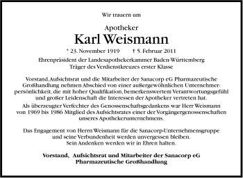 Traueranzeige von Karl Weismann von Stuttgarter Zeitung / Stuttgarter Nachrichten