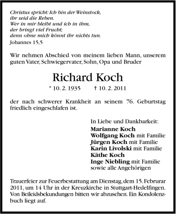 Traueranzeige von Richard Koch von Stuttgarter Zeitung / Stuttgarter Nachrichten