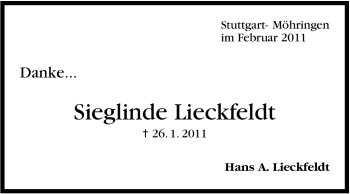 Traueranzeige von Sieglinde Lieckfeldt von Stuttgarter Zeitung / Stuttgarter Nachrichten