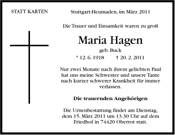 Traueranzeige von Maria Hagen von Stuttgarter Zeitung / Stuttgarter Nachrichten
