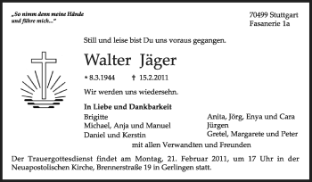 Traueranzeige von Walter Jäger von Stuttgarter Zeitung / Stuttgarter Nachrichten