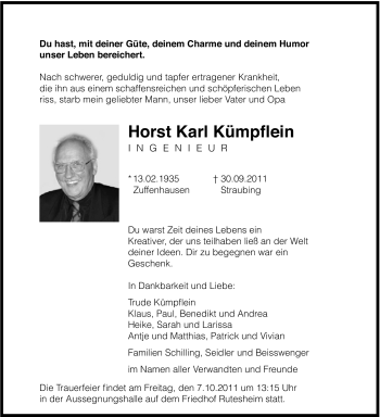 Traueranzeige von Horst Karl Kümpflein von Leonberger Kreiszeitung / Strohgäu Extra