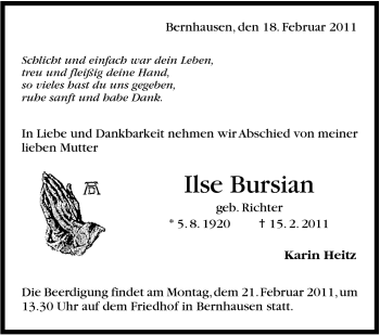 Traueranzeige von Ilse Bursian von Stuttgarter Zeitung / Stuttgarter Nachrichten