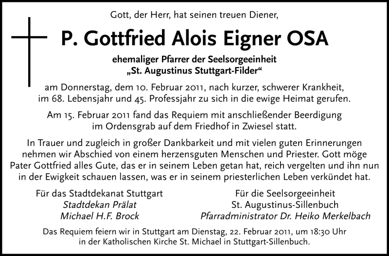  Traueranzeige für P. Gottfried Alois Eigner vom 16.02.2011 aus Stuttgarter Zeitung / Stuttgarter Nachrichten