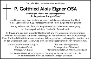 Traueranzeige von P. Gottfried Alois Eigner von Stuttgarter Zeitung / Stuttgarter Nachrichten