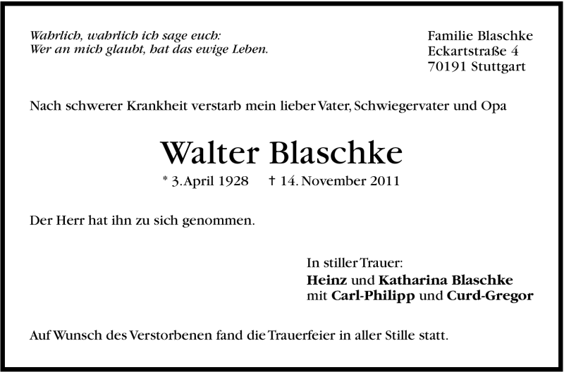  Traueranzeige für Walter Blaschke vom 19.11.2011 aus Stuttgarter Zeitung / Stuttgarter Nachrichten