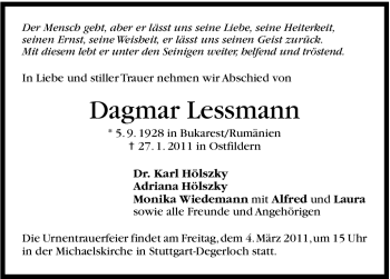 Traueranzeige von Dagmar Lessmann von Stuttgarter Zeitung / Stuttgarter Nachrichten
