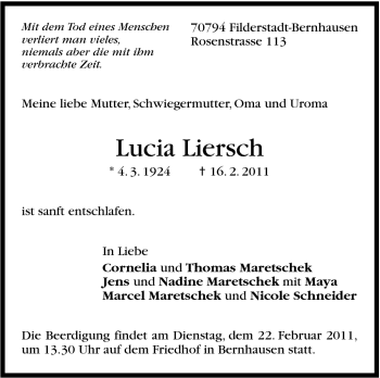 Traueranzeige von Lucia Liersch von Stuttgarter Zeitung / Stuttgarter Nachrichten