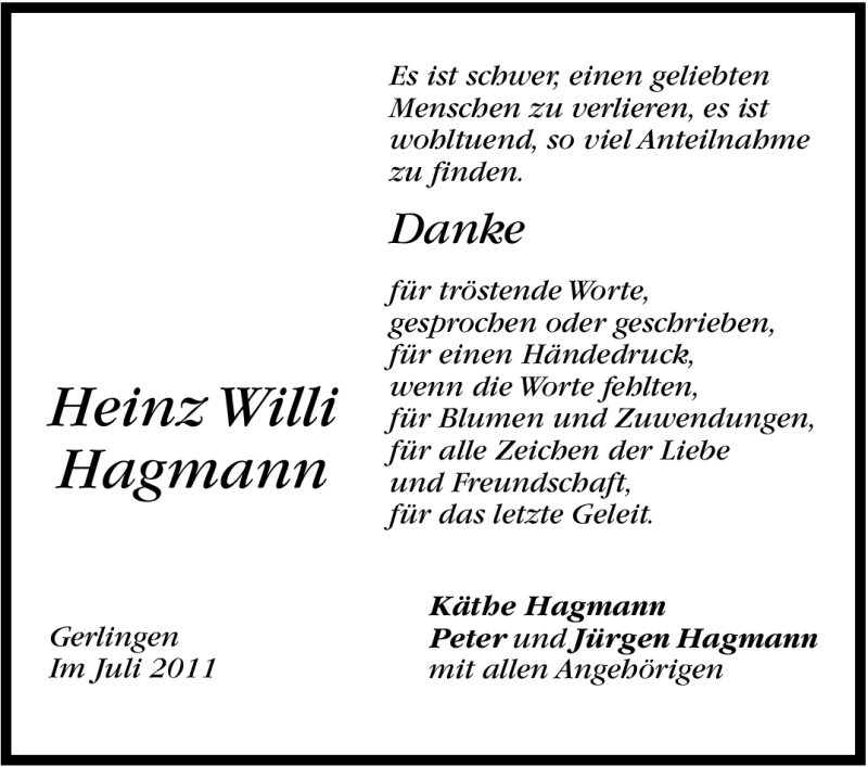  Traueranzeige für Heinz Willi Hagmann vom 04.08.2011 aus Leonberger Kreiszeitung / Strohgäu Extra