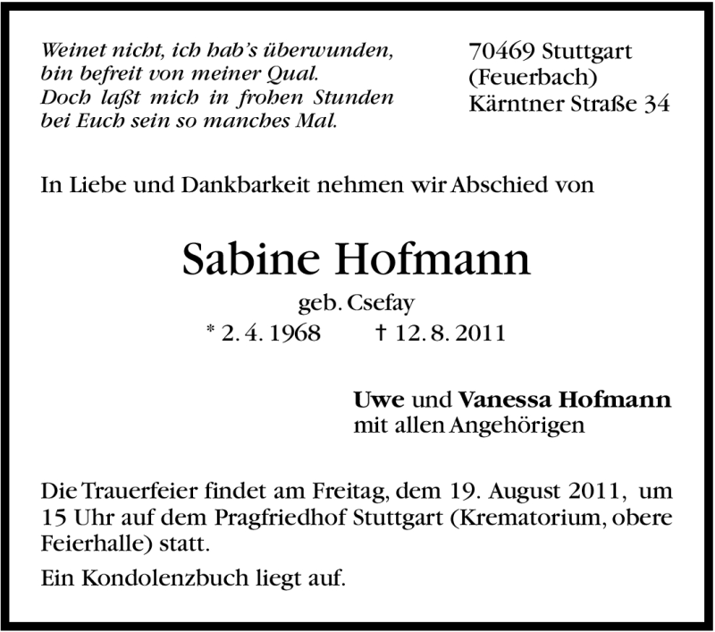  Traueranzeige für Sabine Hofmann vom 16.08.2011 aus Stuttgarter Zeitung / Stuttgarter Nachrichten