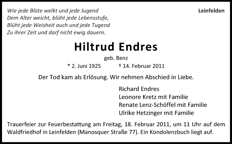  Traueranzeige für Hiltrud Endres vom 16.02.2011 aus Stuttgarter Zeitung / Stuttgarter Nachrichten