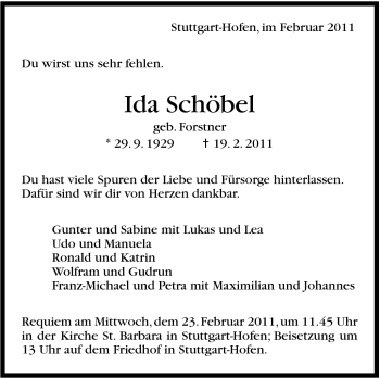 Traueranzeige von Ida Schöbel von Stuttgarter Zeitung / Stuttgarter Nachrichten