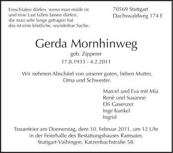 Traueranzeige von Gerda Mornhinweg von Stuttgarter Zeitung / Stuttgarter Nachrichten