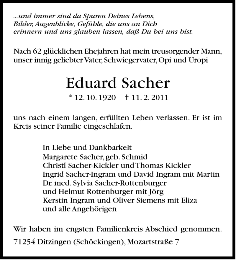  Traueranzeige für Eduard Sacher vom 18.02.2011 aus Stuttgarter Zeitung / Stuttgarter Nachrichten
