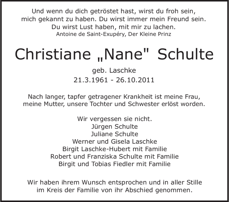  Traueranzeige für Christiane Schulte vom 29.10.2011 aus Stuttgarter Zeitung / Stuttgarter Nachrichten