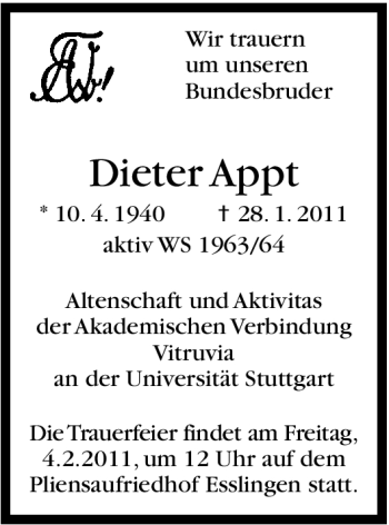 Traueranzeige von Dieter Appt von Stuttgarter Zeitung / Stuttgarter Nachrichten