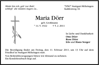 Traueranzeige von Maria Dörr von Stuttgarter Zeitung / Stuttgarter Nachrichten