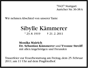 Traueranzeige von Sibylle Kämmerer von Stuttgarter Zeitung / Stuttgarter Nachrichten