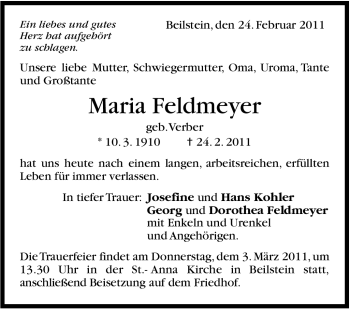 Traueranzeige von Maria Feldmeyer von Marbacher Zeitung