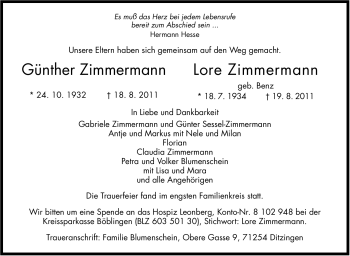 Traueranzeige von Günther Zimmermann von Leonberger Kreiszeitung / Strohgäu Extra