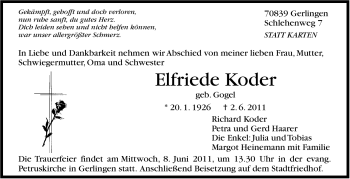 Traueranzeige von Elfriede Koder von Leonberger Kreiszeitung / Strohgäu Extra