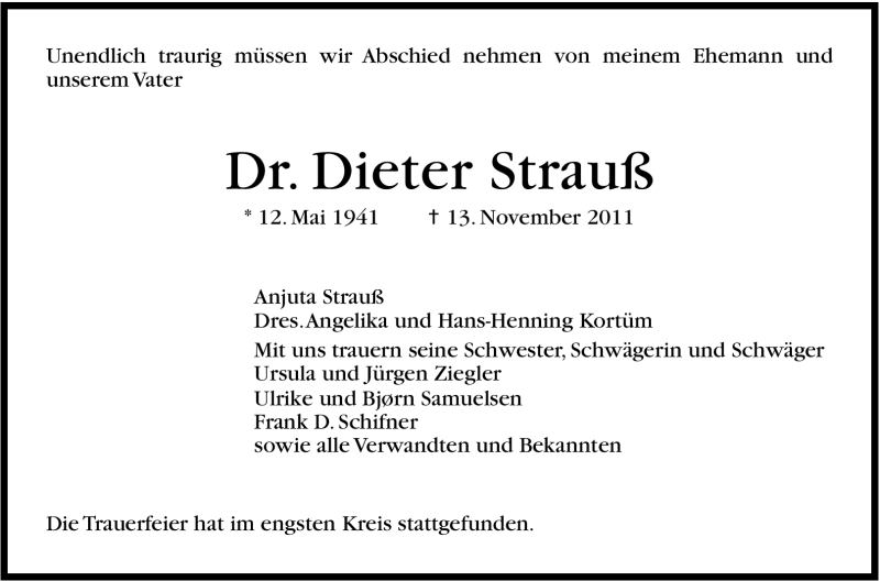  Traueranzeige für Dieter Strauß vom 19.11.2011 aus Stuttgarter Zeitung / Stuttgarter Nachrichten