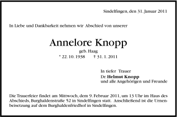 Traueranzeige von Annelore Knopp von Stuttgarter Zeitung / Stuttgarter Nachrichten