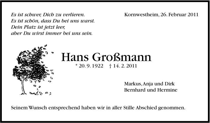  Traueranzeige für Hans Großmann vom 26.02.2011 aus Stuttgarter Zeitung / Stuttgarter Nachrichten