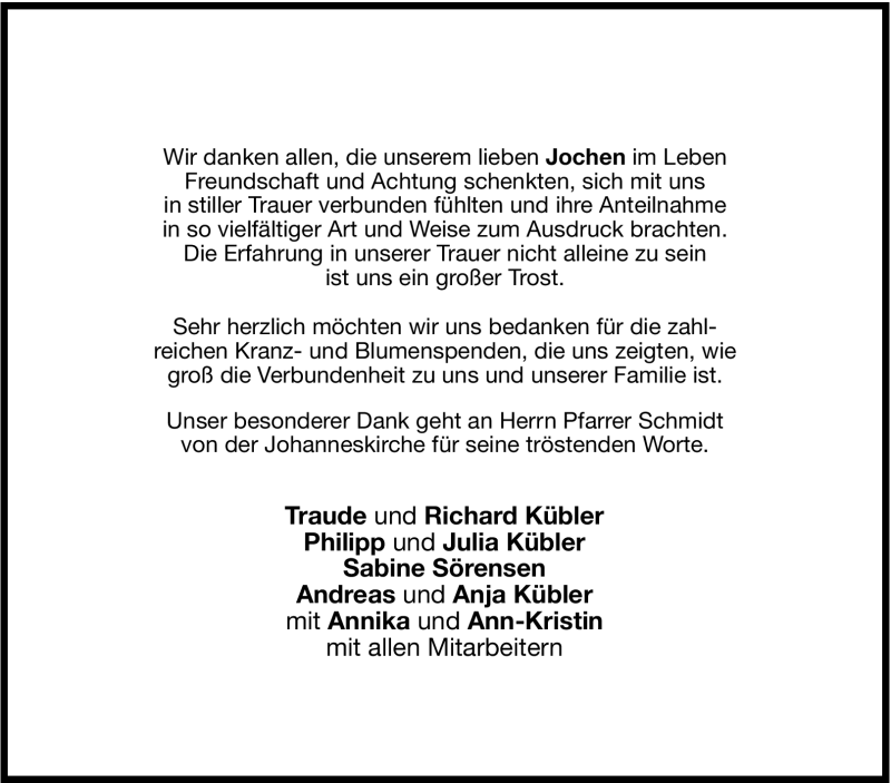  Traueranzeige für Jochen Kübler vom 15.01.2011 aus Stuttgarter Zeitung / Stuttgarter Nachrichten