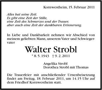 Traueranzeige von Walter Strobl von Stuttgarter Zeitung / Stuttgarter Nachrichten