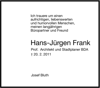 Traueranzeige von Hans-Jürgen Frank von Stuttgarter Zeitung / Stuttgarter Nachrichten
