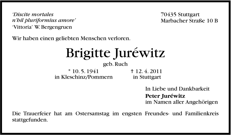  Traueranzeige für Brigitte Juréwitz vom 26.04.2011 aus Stuttgarter Zeitung / Stuttgarter Nachrichten