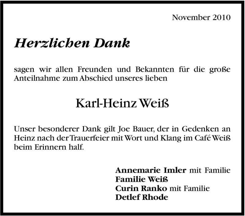  Traueranzeige für Karl-Heinz Weiß vom 20.11.2010 aus Stuttgarter Zeitung / Stuttgarter Nachrichten