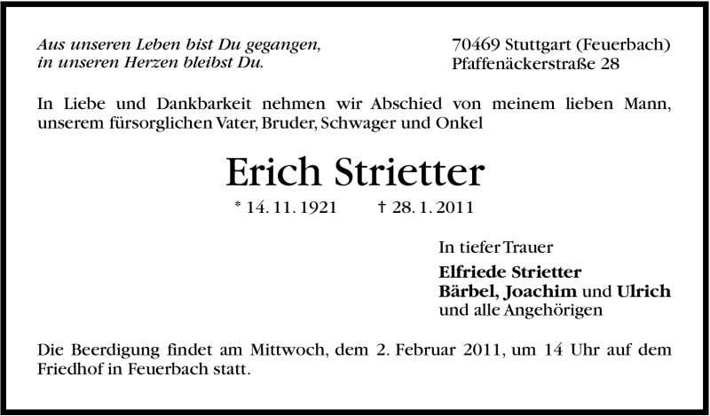  Traueranzeige für Erich Strietter vom 29.01.2011 aus Stuttgarter Zeitung / Stuttgarter Nachrichten