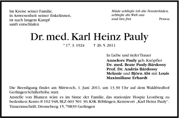 Traueranzeige von Karl Heinz Pauly von Leonberger Kreiszeitung / Strohgäu Extra