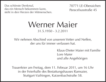 Traueranzeige von Werner Maier von Stuttgarter Zeitung / Stuttgarter Nachrichten