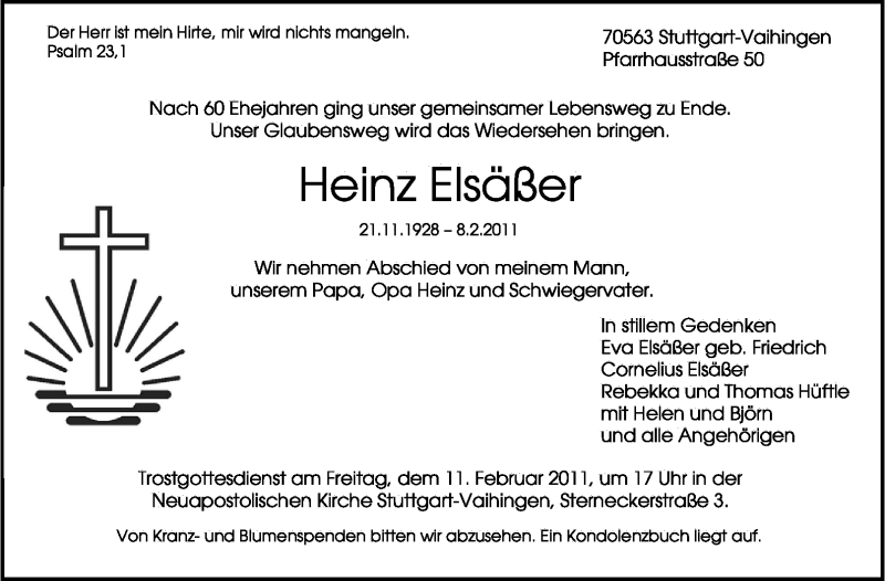  Traueranzeige für Heinz Elsäßer vom 09.02.2011 aus Stuttgarter Zeitung / Stuttgarter Nachrichten