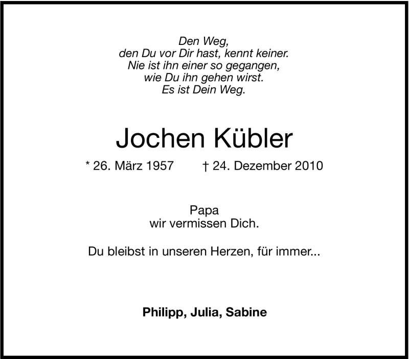  Traueranzeige für Jochen Kübler vom 31.12.2010 aus Stuttgarter Zeitung / Stuttgarter Nachrichten