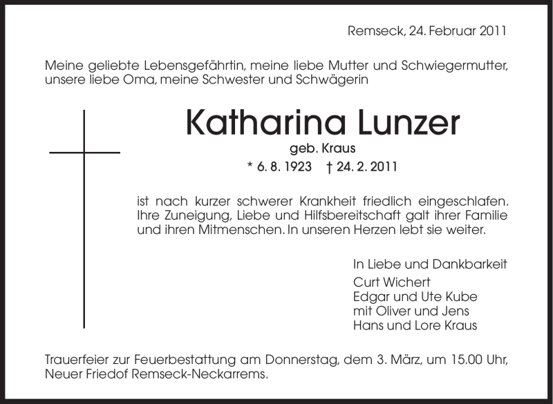  Traueranzeige für Katharina Lunzer vom 28.02.2011 aus Stuttgarter Zeitung / Stuttgarter Nachrichten