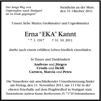 Traueranzeige von Erna Kannt von Marbacher Zeitung