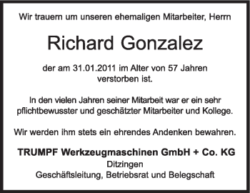 Traueranzeige von Richard Gonzalez von Stuttgarter Zeitung / Stuttgarter Nachrichten