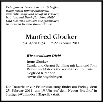 Traueranzeige von Manfred Glocker von Stuttgarter Zeitung / Stuttgarter Nachrichten