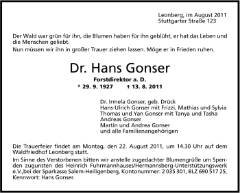 Traueranzeige von Hans Gonser von Leonberger Kreiszeitung / Strohgäu Extra
