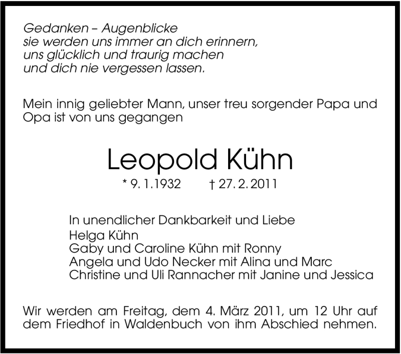  Traueranzeige für Leopold Kühn vom 01.03.2011 aus Stuttgarter Zeitung / Stuttgarter Nachrichten