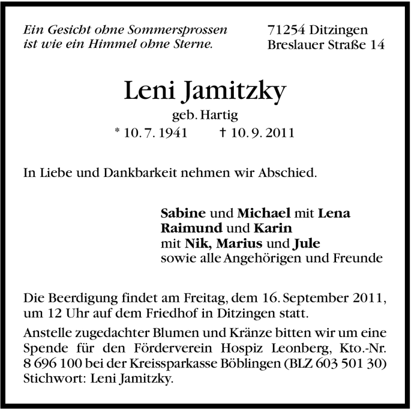 Traueranzeige für Leni Jamitzky vom 13.09.2011 aus Leonberger Kreiszeitung / Strohgäu Extra
