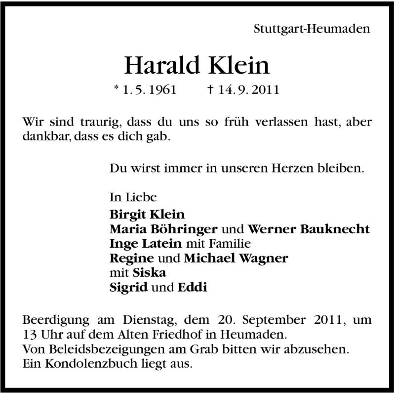  Traueranzeige für Harald Klein vom 17.09.2011 aus Stuttgarter Zeitung / Stuttgarter Nachrichten
